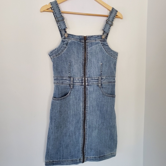 AMERICAN EAGLE Sz 6 Blue Denim Jean Overall Mini Dress Front Zip Straps Stretch - Picture 7 of 14